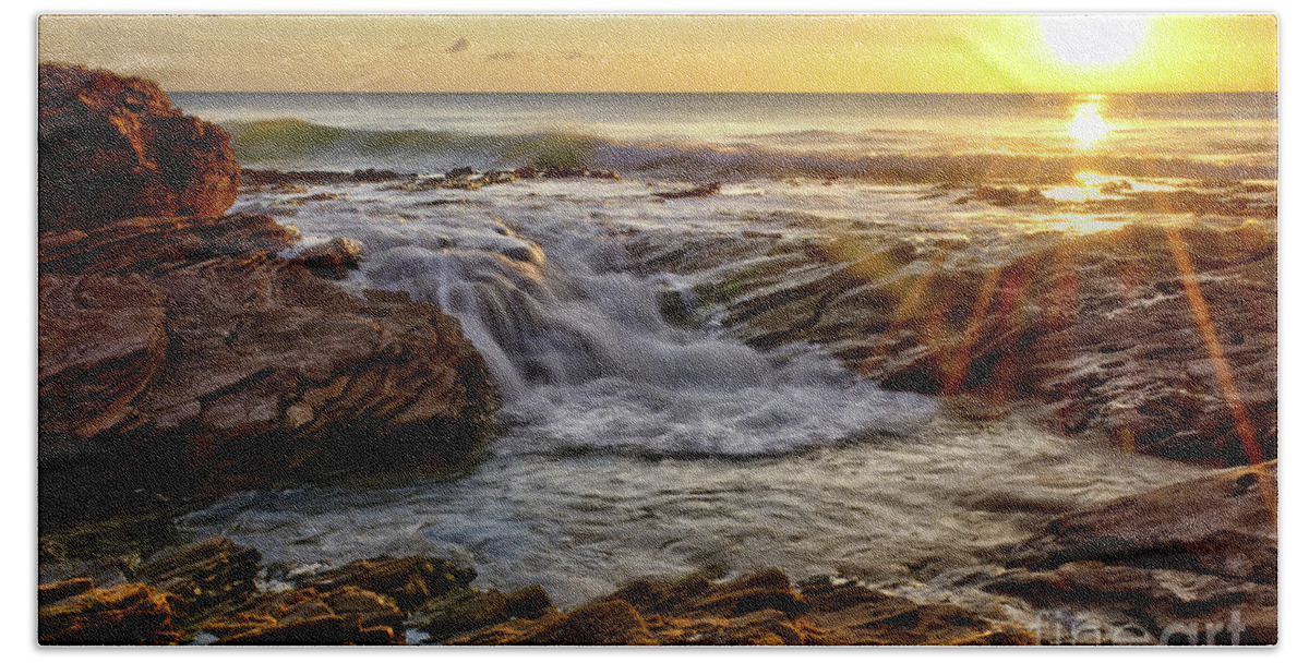 Cascading Bath Towel featuring the photograph Cascading Sunset at Crystal Cove by Eddie Yerkish