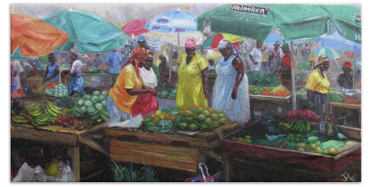 Caribbean Market Bath Towel featuring the painting Castries Market by Jonathan Gladding