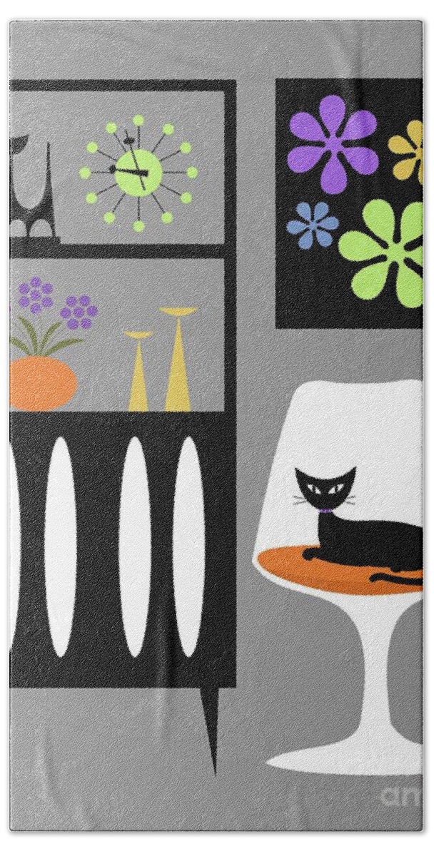 Retro Bath Towel featuring the digital art Cat in Gray Room by Donna Mibus