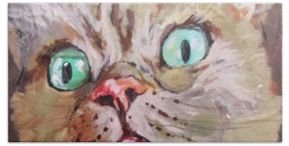 Cat Bath Towel featuring the painting CAT What do you see by Barbara O'Toole