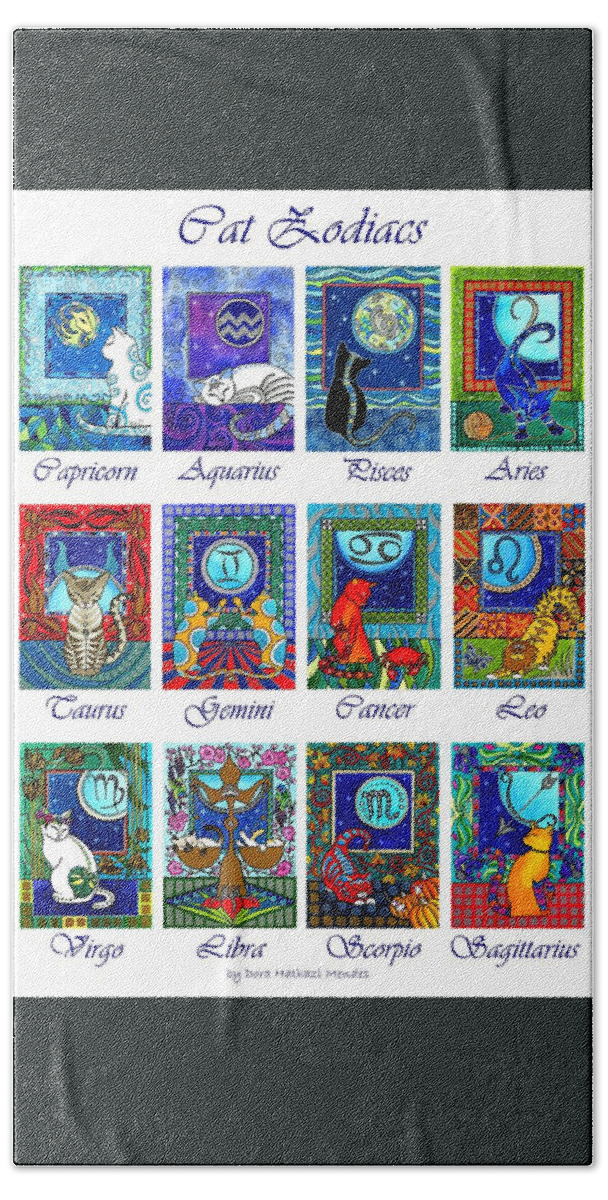 Cat Zodiac Astrology Signs Bath Towel featuring the painting Cat Zodiac Astrological Signs by Dora Hathazi Mendes
