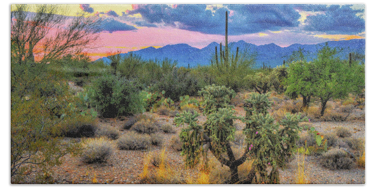 Southwest Bath Towel featuring the photograph Catalina Mountains and Sonoran Desert Twilight by Chance Kafka