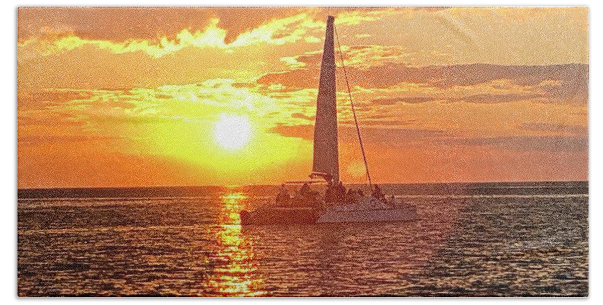 Beach Bath Towel featuring the photograph Catamaran Sailing Past Sunset in Captiva Island Florida 2019 by Shelly Tschupp
