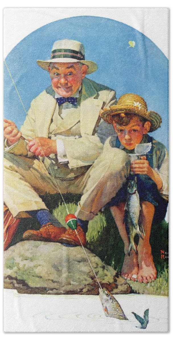 Boy Bath Towel featuring the painting Catching The Big One by Norman Rockwell
