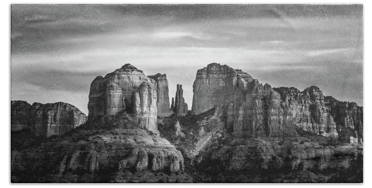 Cathedral Rock Hand Towel featuring the photograph Cathedral Rock in Black and White by Mindy Musick King