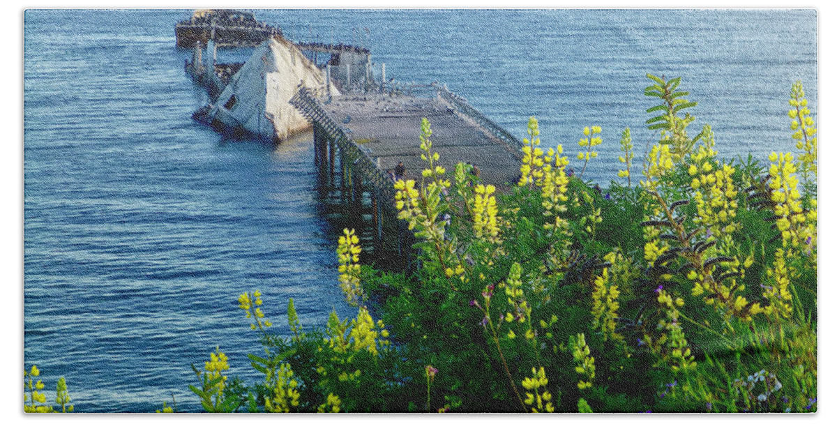 Seacliff Beach Hand Towel featuring the photograph Cement Ship with Yellow Lupine by Amelia Racca