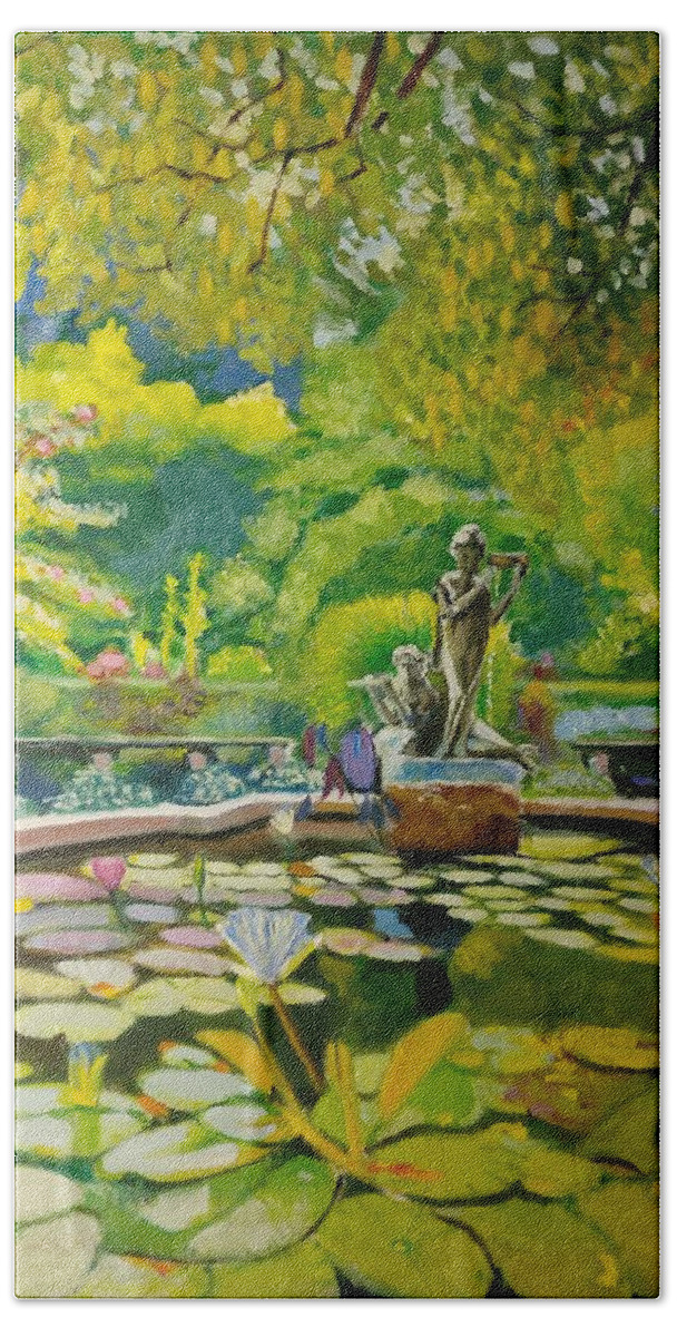 Garden Hand Towel featuring the painting Central-Park-Conservatory-Garden by Nicolas Bouteneff
