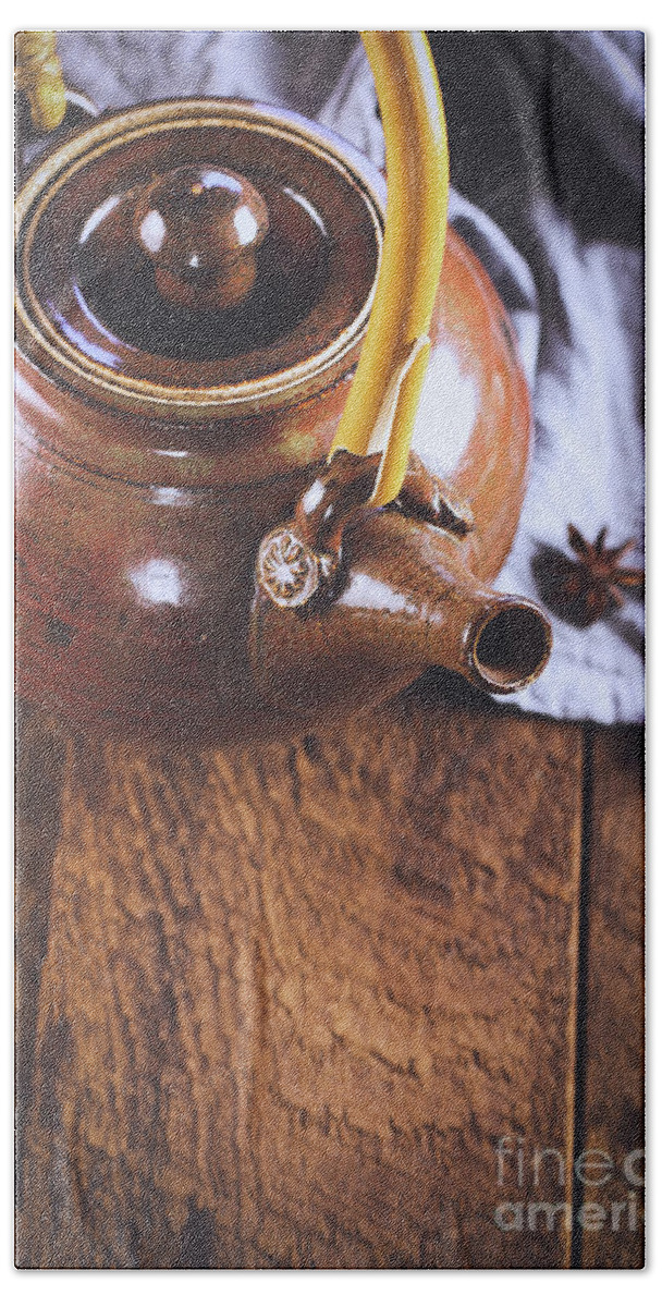 Tea Pot Bath Towel featuring the photograph Ceramic Tea Pot with Star of Anise by Stephanie Frey