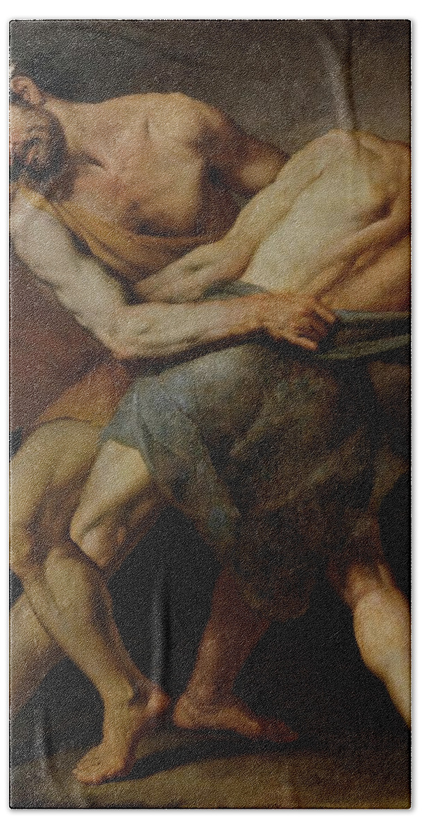 Fracanzano Cesare Bath Towel featuring the painting Cesare Fracanzano / 'Two Wrestlers or Hercules and Antaeus -?-', 1637, Italian School. ANTEO. by Cesare Fracanzano -1605-1651-