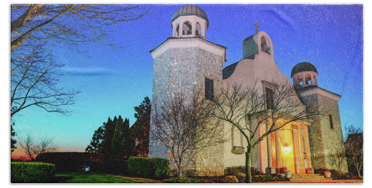 America Hand Towel featuring the photograph Chapel on the Creeks at Twilight - Rogers Arkansas by Gregory Ballos