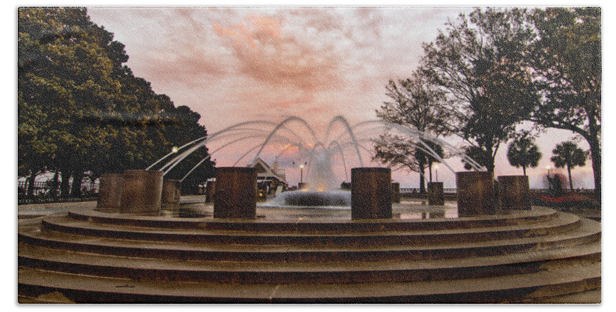Charleston Fountain Bath Towel featuring the photograph Charleston Sunset Fountain by Norma Brandsberg