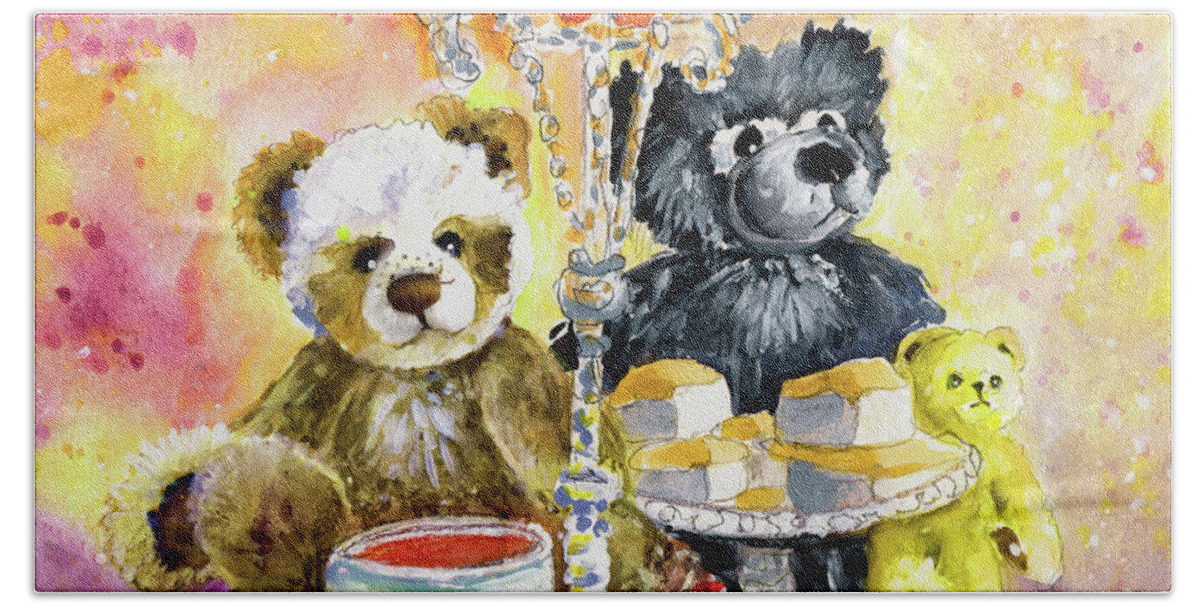 Teddy Bath Towel featuring the painting Charlie Bears Hot Cross Bun And Dreamer by Miki De Goodaboom