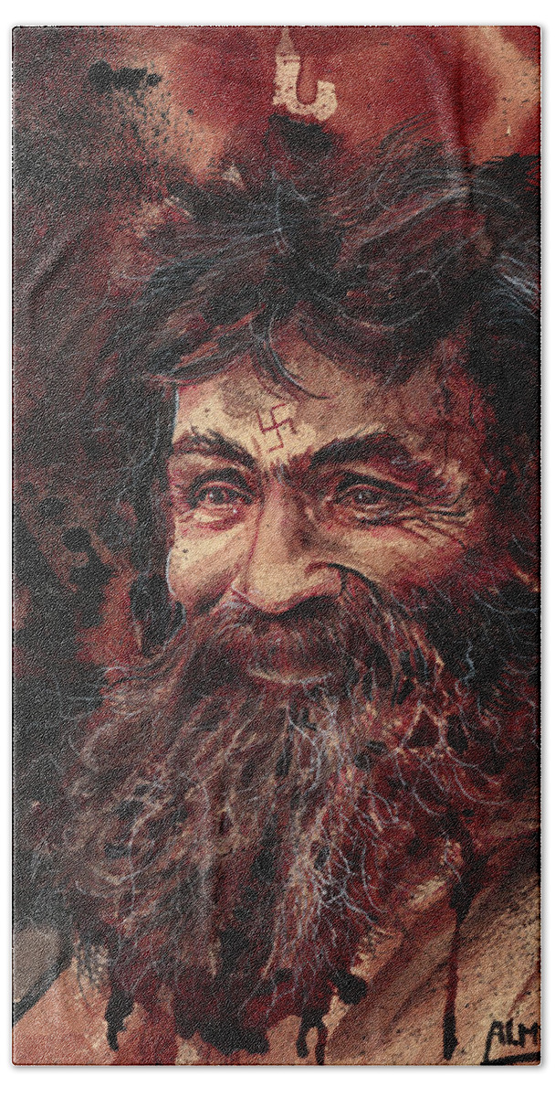 Ryan Almighty Bath Towel featuring the painting CHARLES MANSON portrait dry blood #1 by Ryan Almighty