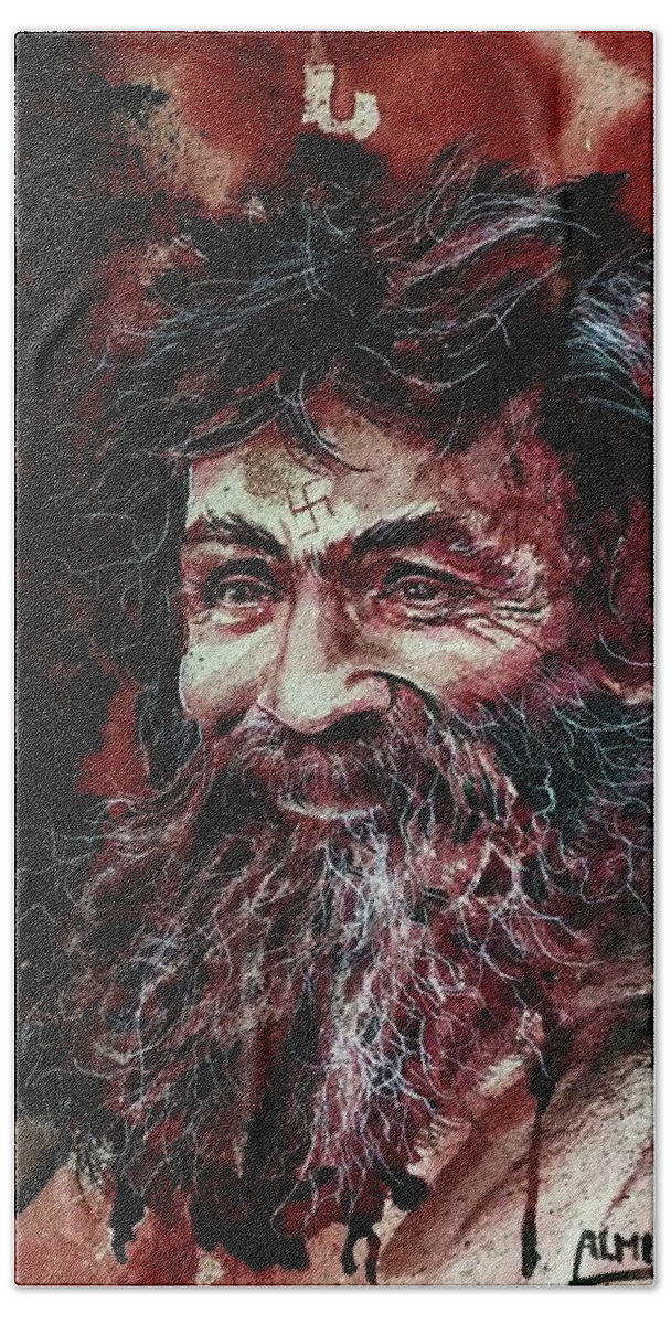 Ryan Almighty Bath Towel featuring the painting CHARLES MANSON portrait fresh blood by Ryan Almighty