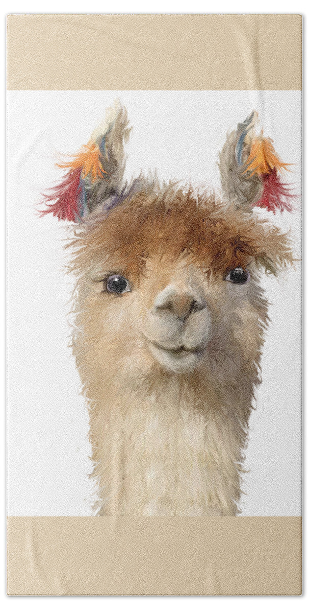 Llamas Bath Sheet featuring the mixed media Cheer llama by Brenda Leedy