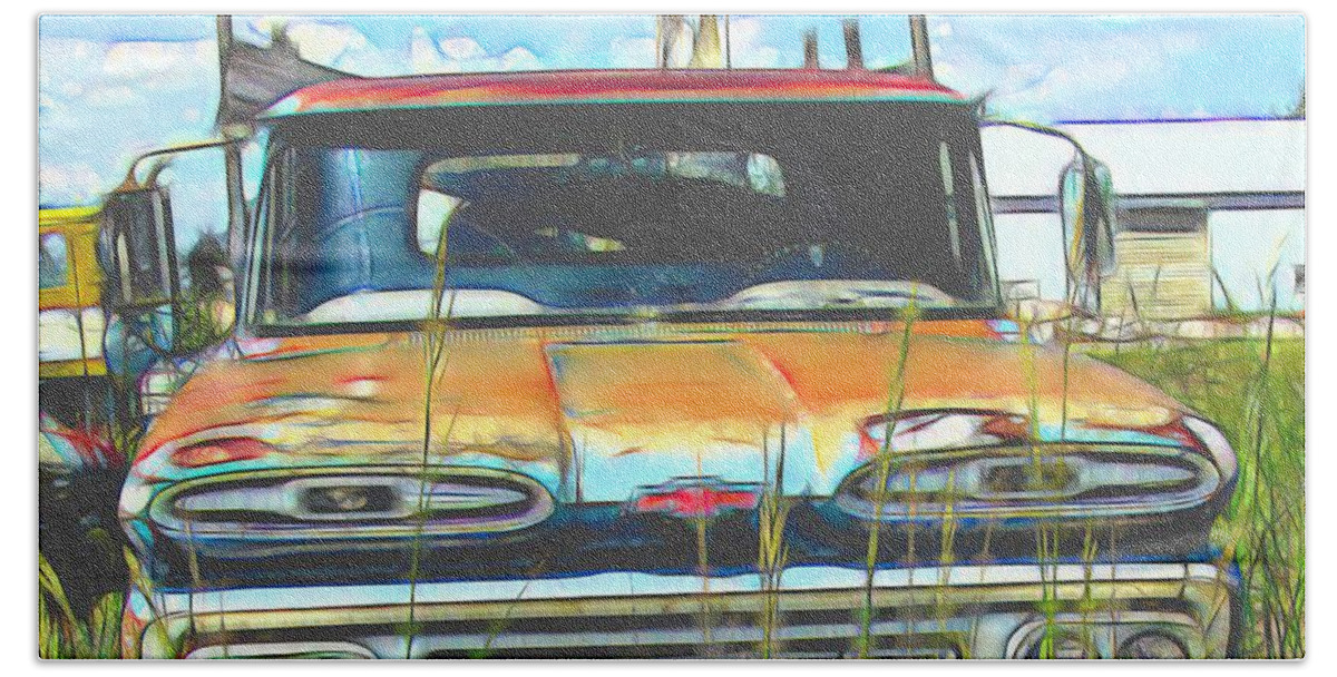 Junked Chevy Bath Towel featuring the digital art Chevy Truck in the junkyard by Cathy Anderson