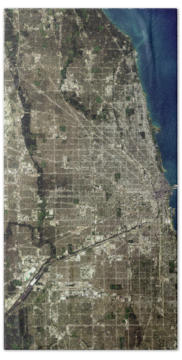 Satellite Image Hand Towel featuring the digital art Chicago from space by Christian Pauschert