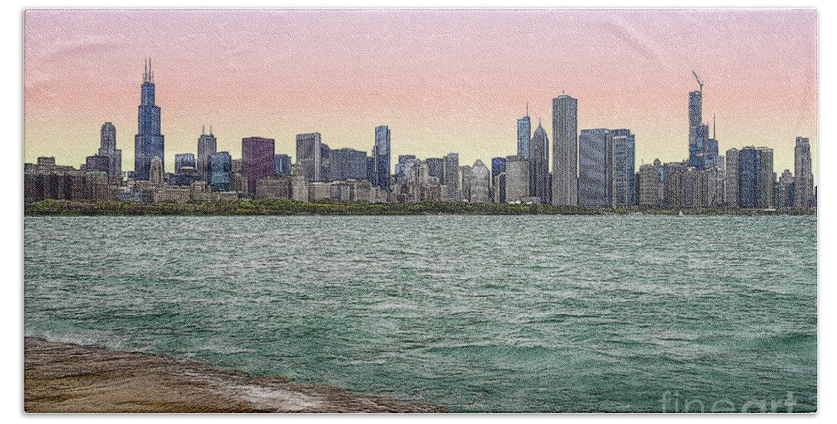 Chicago Bath Towel featuring the mixed media Chicago Skyline Painterly by Jennifer White