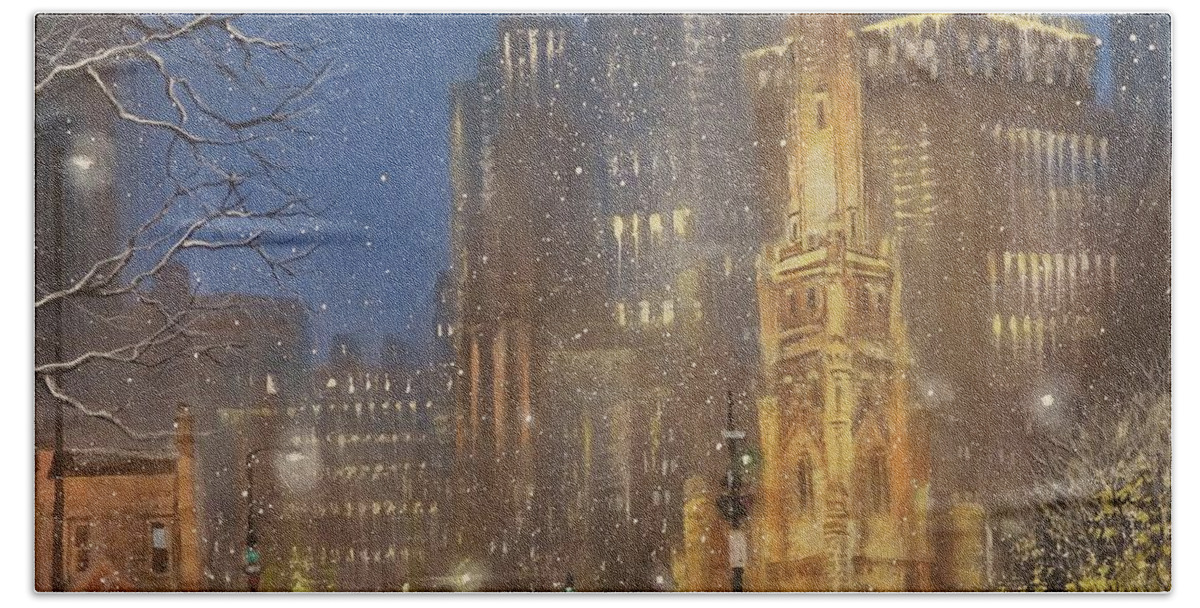 Snow Scene Hand Towel featuring the painting Chicago Water Tower by Tom Shropshire
