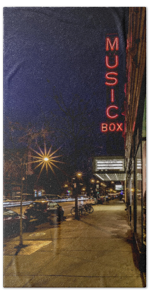 Music Box Bath Towel featuring the photograph Chicago's Music Box Theatre at dusk by Sven Brogren