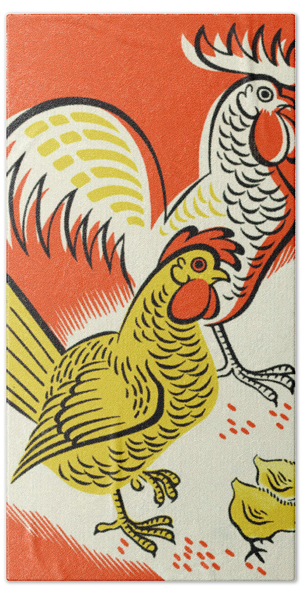Agriculture Hand Towel featuring the drawing Chicken, Rooster and Baby Chicks by CSA Images