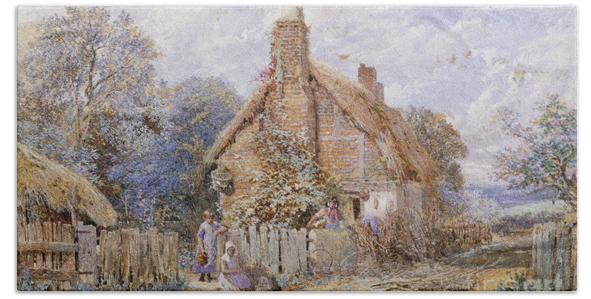 Tree Hand Towel featuring the painting Children By A Thatched Cottage At Chiddingfold by Myles Birket Foster
