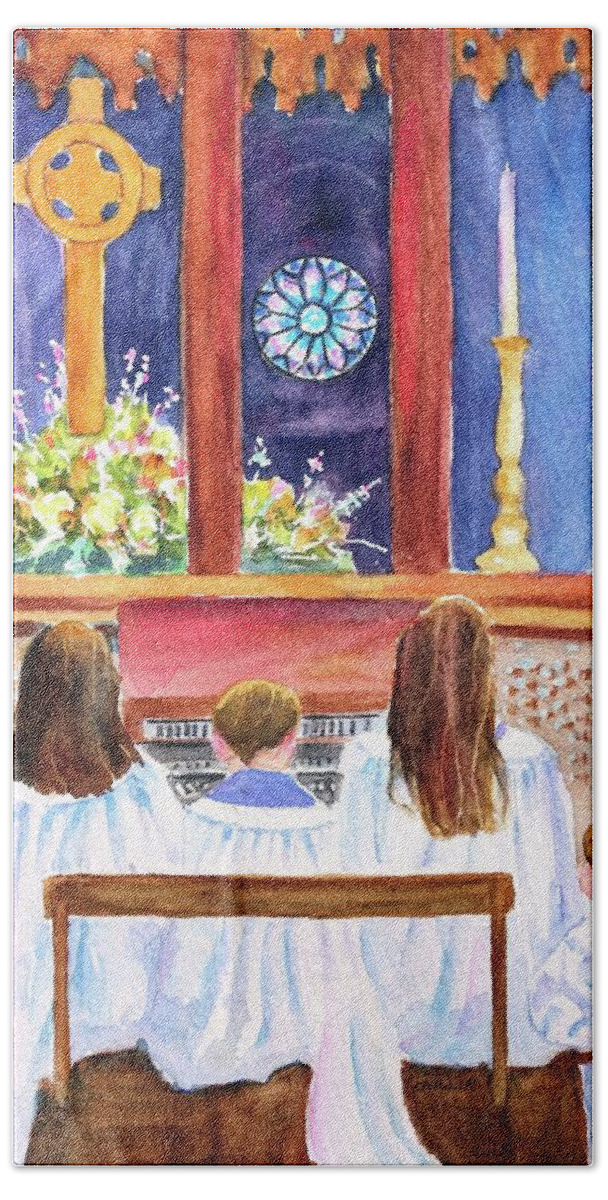 Church Hand Towel featuring the painting Children's Choir by Carlin Blahnik CarlinArtWatercolor