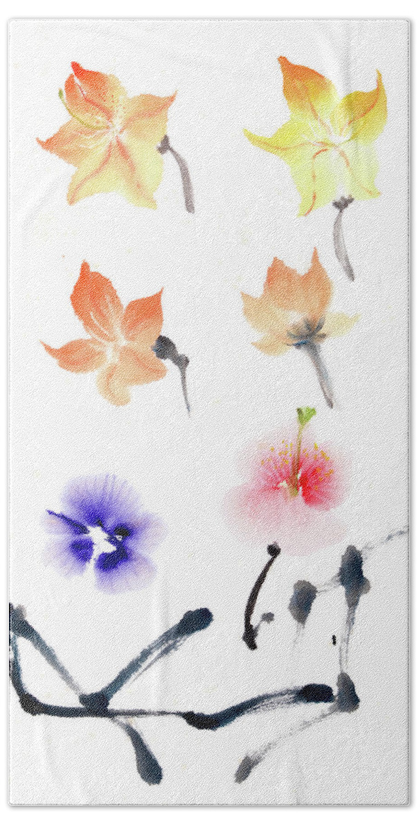 Chinese Style Watercolour Painting Bath Towel featuring the painting Chinese style flower painting by Gloria Newlan