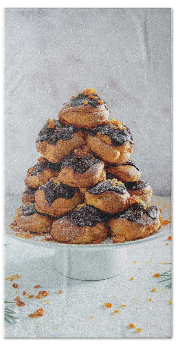 Ip_12980840 Hand Towel featuring the photograph Chocolate And Praline Profiteroles Tower by Magdalena Hendey