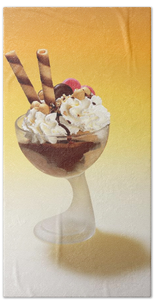 Ip_11157788 Hand Towel featuring the photograph Chocolate Ice Cream Sundae With Cream, Hazelnuts, Nut Brittle And Rolled Wafers by Imagerie