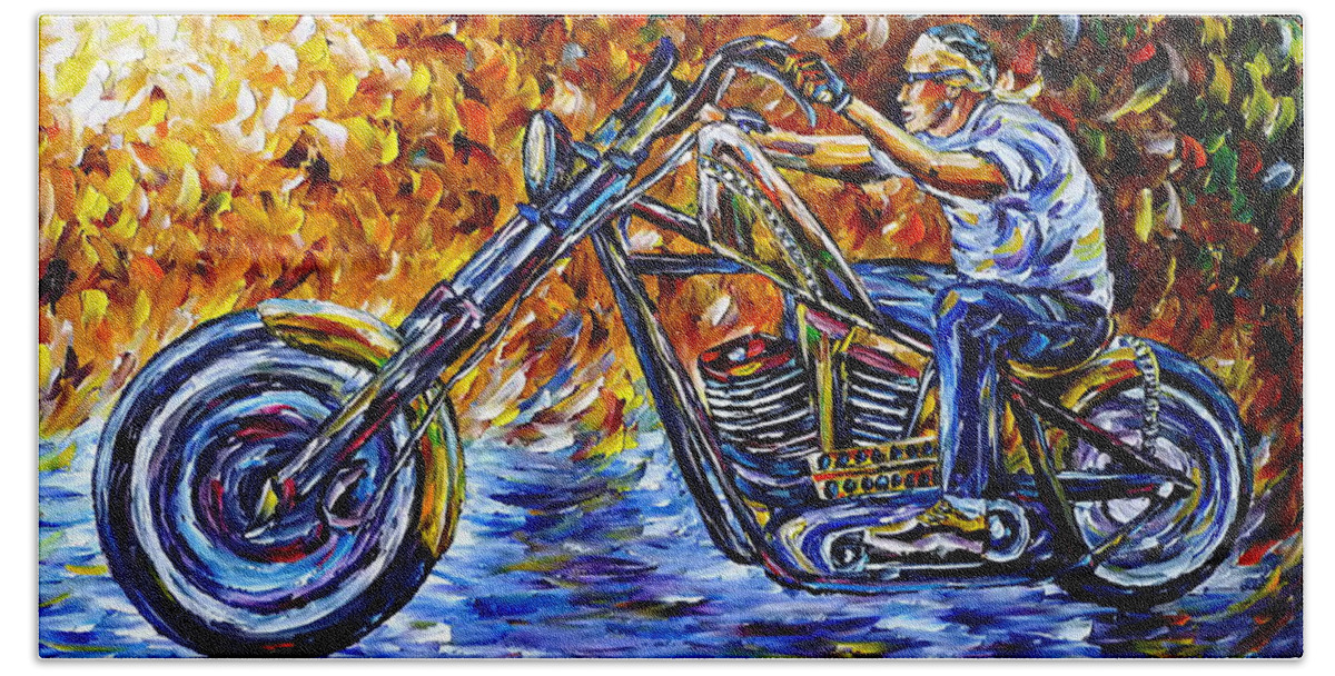 Motorcyclist Life Bath Towel featuring the painting Chopper Driver by Mirek Kuzniar