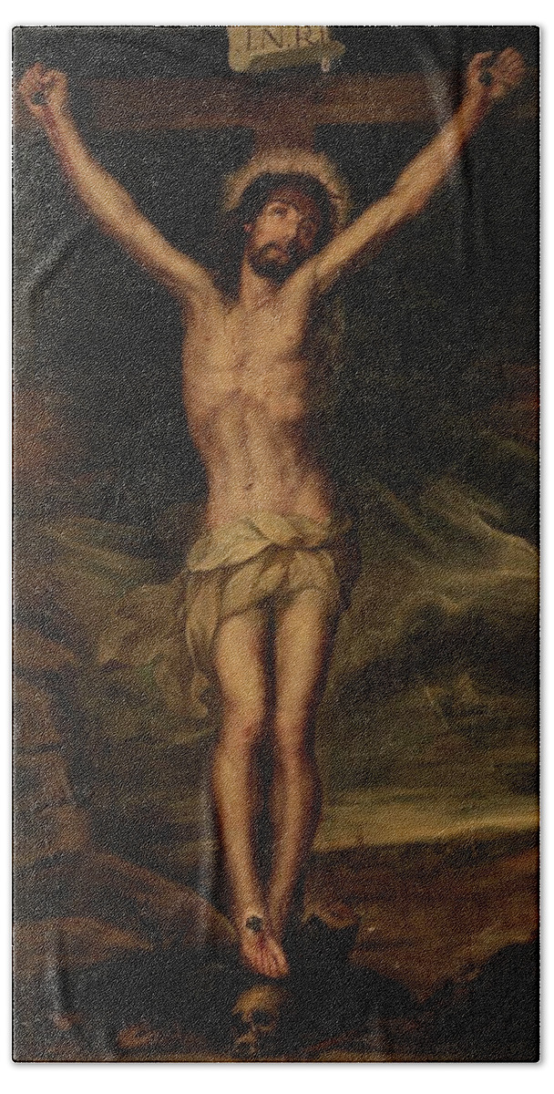 Anonymous Hand Towel featuring the painting 'Christ Crucified', 17th century, Spanish School, Canvas, 209 cm x 123 cm, P03275. by Anonymous