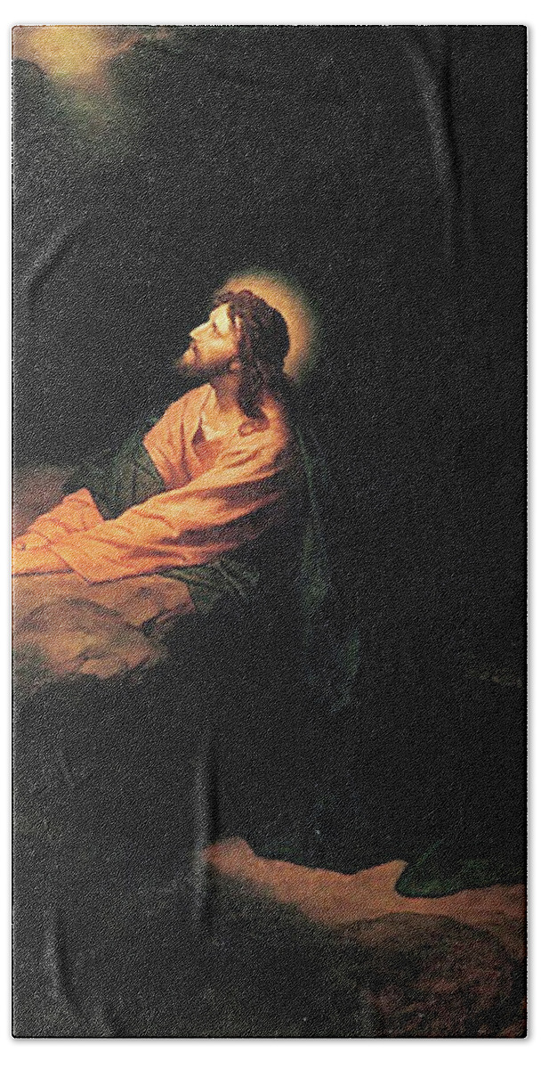 Heinrich Hofmann Hand Towel featuring the painting Christ in Gethsemane by Heinrich Hofmann