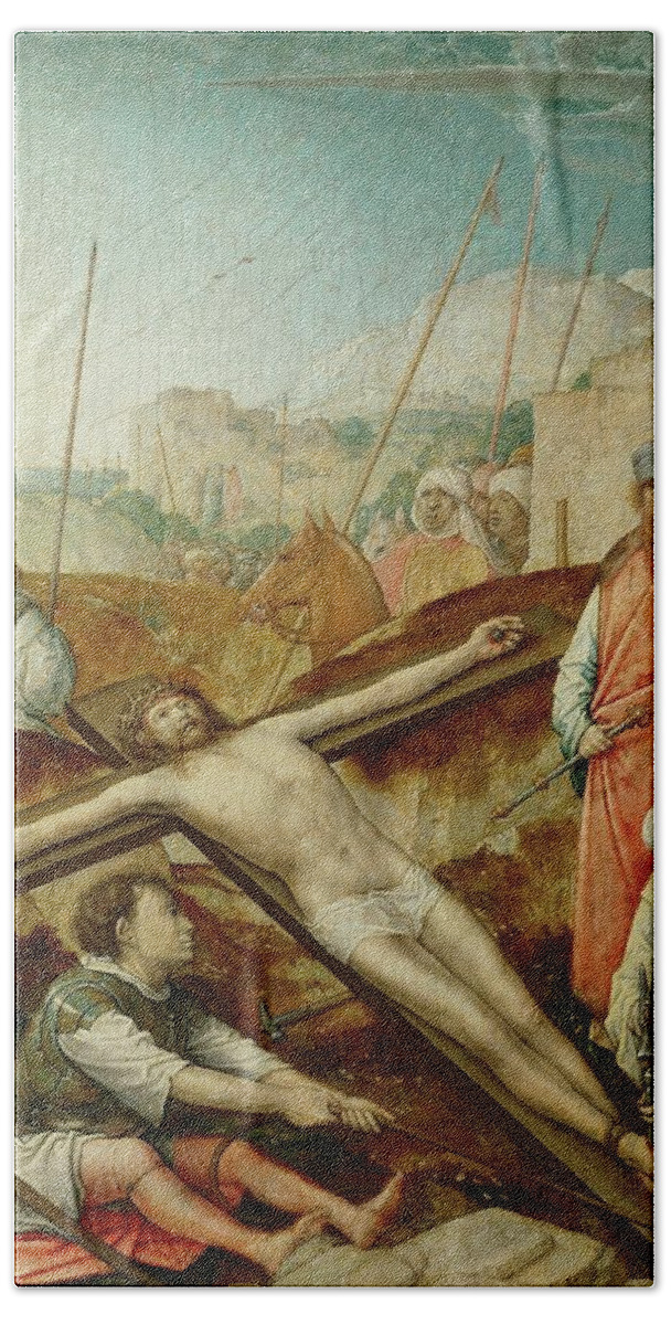 Jesus Bath Towel featuring the painting Christ nailed to the cross. Oakwood, 21,6 x 15,7 cm Inv. 6272. JUAN DE FLANDES . by Juan de Flandes -c 1460-c 1519-