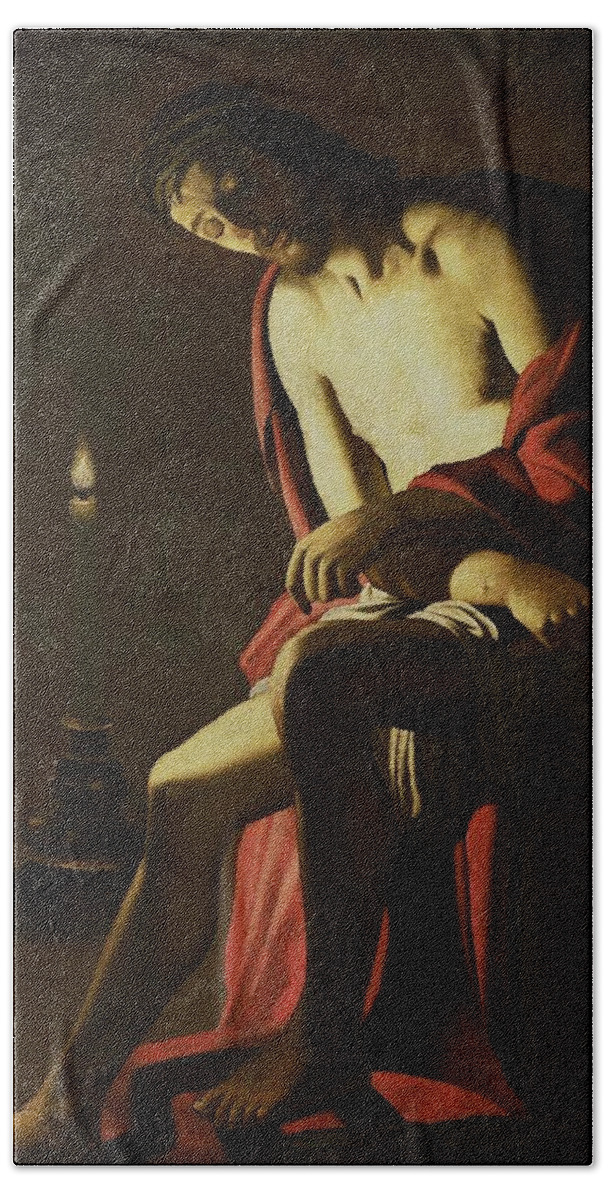 Canvas Hand Towel featuring the painting Christ on the Cold Stone. by Gerard van Honthorst -copy after- Georges de La Tour -rejected attribution-