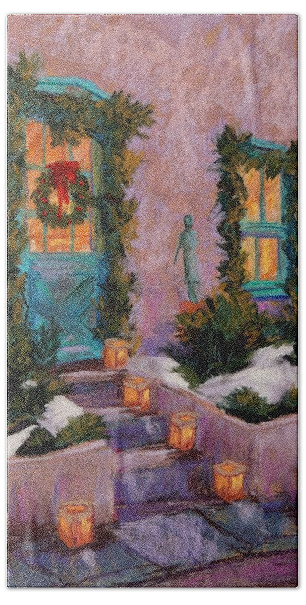 Cityscape Bath Towel featuring the pastel Christmas Eve by Candy Mayer