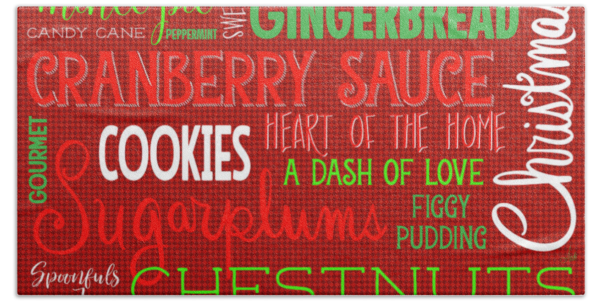 Christmas Hand Towel featuring the mixed media Christmas Kitchen Typography by Andi Metz