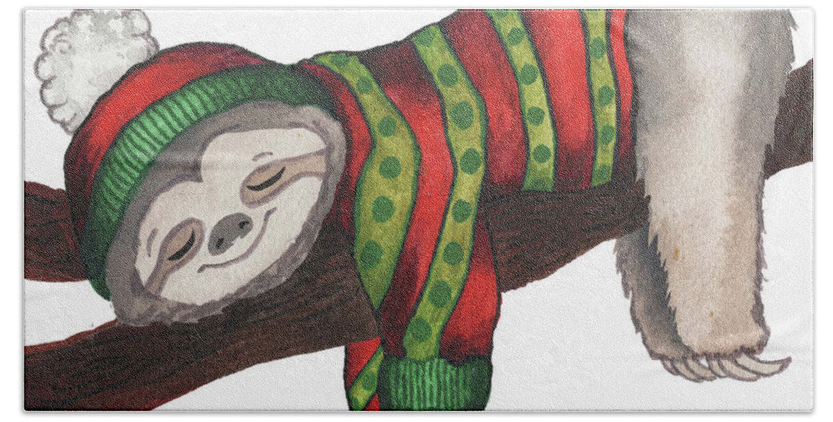 Christmas Hand Towel featuring the painting Christmas Sloth IIi by Elizabeth Medley