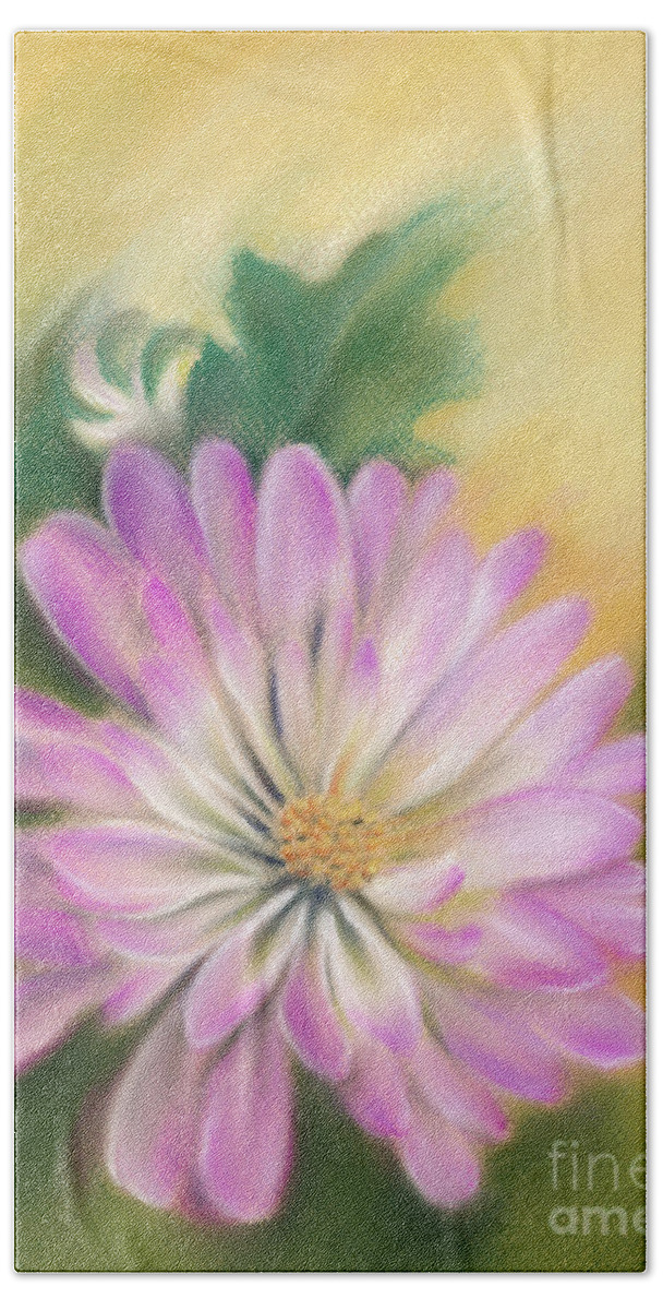 Chrysanthemum Bath Towel featuring the painting Chrysanthemum Blossom with Bud and Leaf by MM Anderson