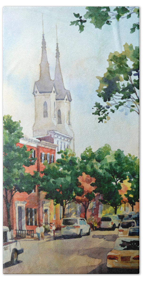 #landscape #cityscape #fineart #frederickmd #clusteredspires #watercolor #watercolorpainting #artinfrederick Bath Towel featuring the painting Church Street Spires by Mick Williams