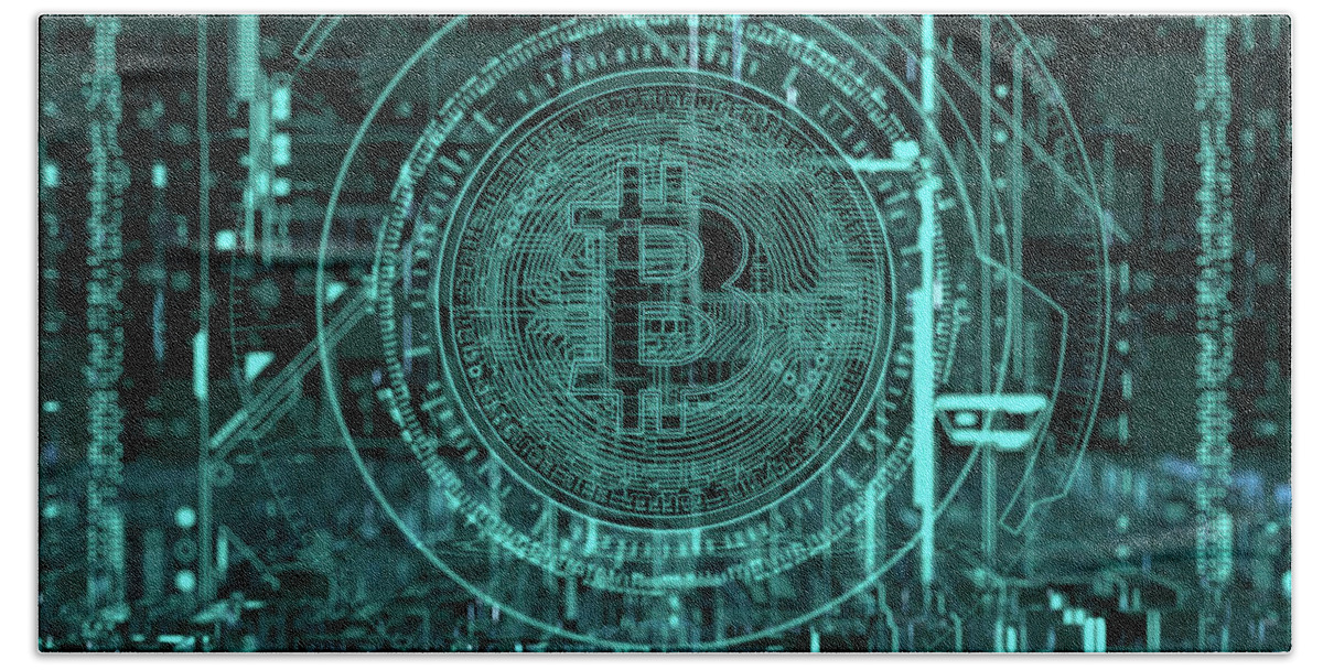 3 D Bath Towel featuring the photograph Circuit Board Bitcoin In Complex by Ikon Images