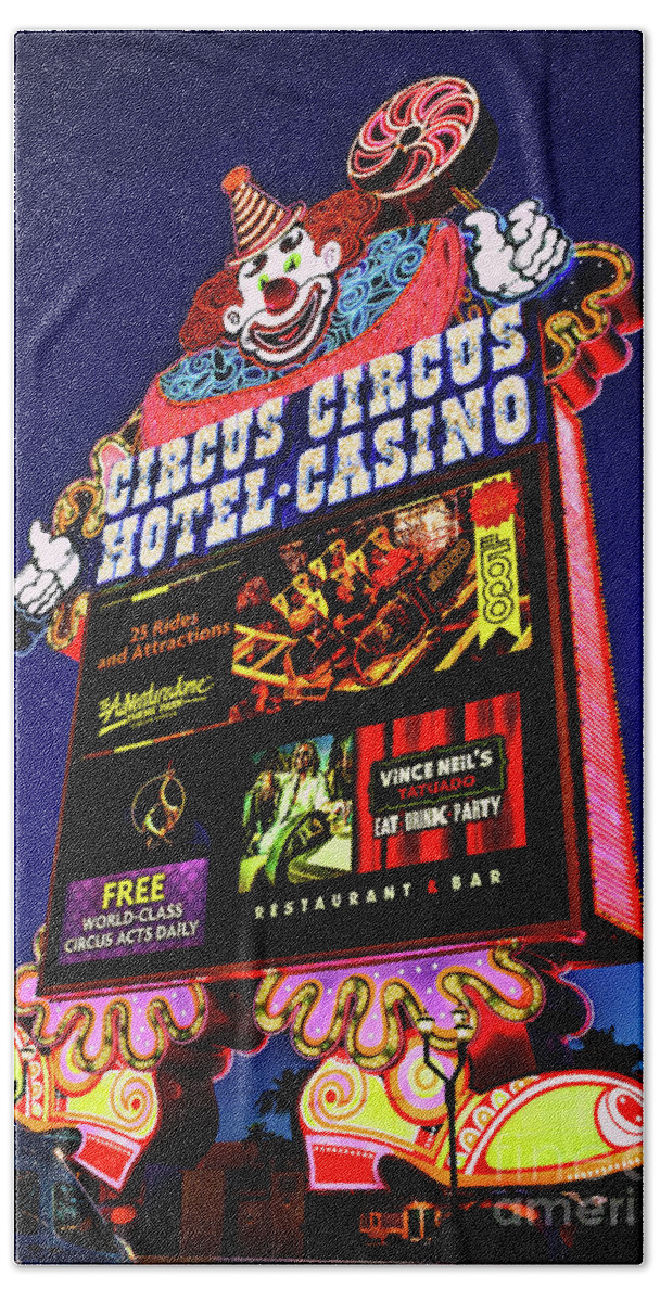 Circus Circus Bath Towel featuring the photograph Circus Circus Casino Sign at Dawn From the South by Aloha Art
