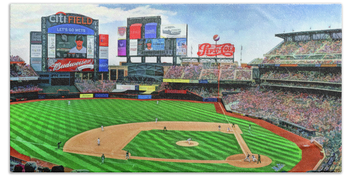 Citi Field Hand Towel featuring the painting Citi Field New York Mets Baseball Ballpark Stadium by Christopher Arndt