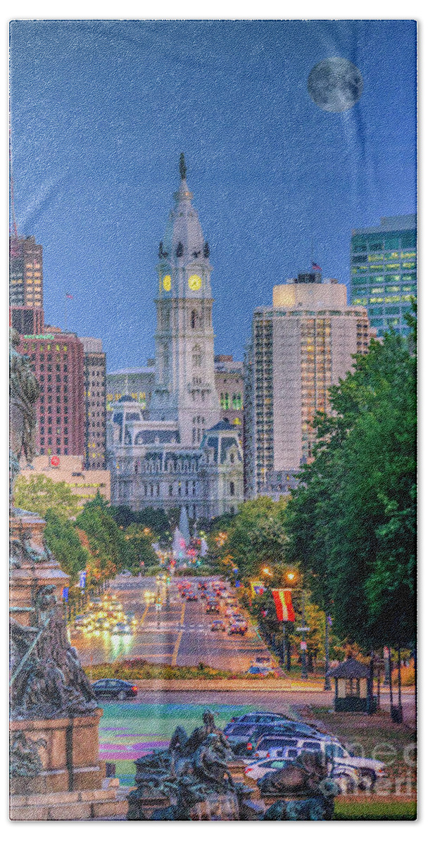 Ben Franklin Parkway Hand Towel featuring the photograph Philadelphia City Hall Full Moon by David Zanzinger