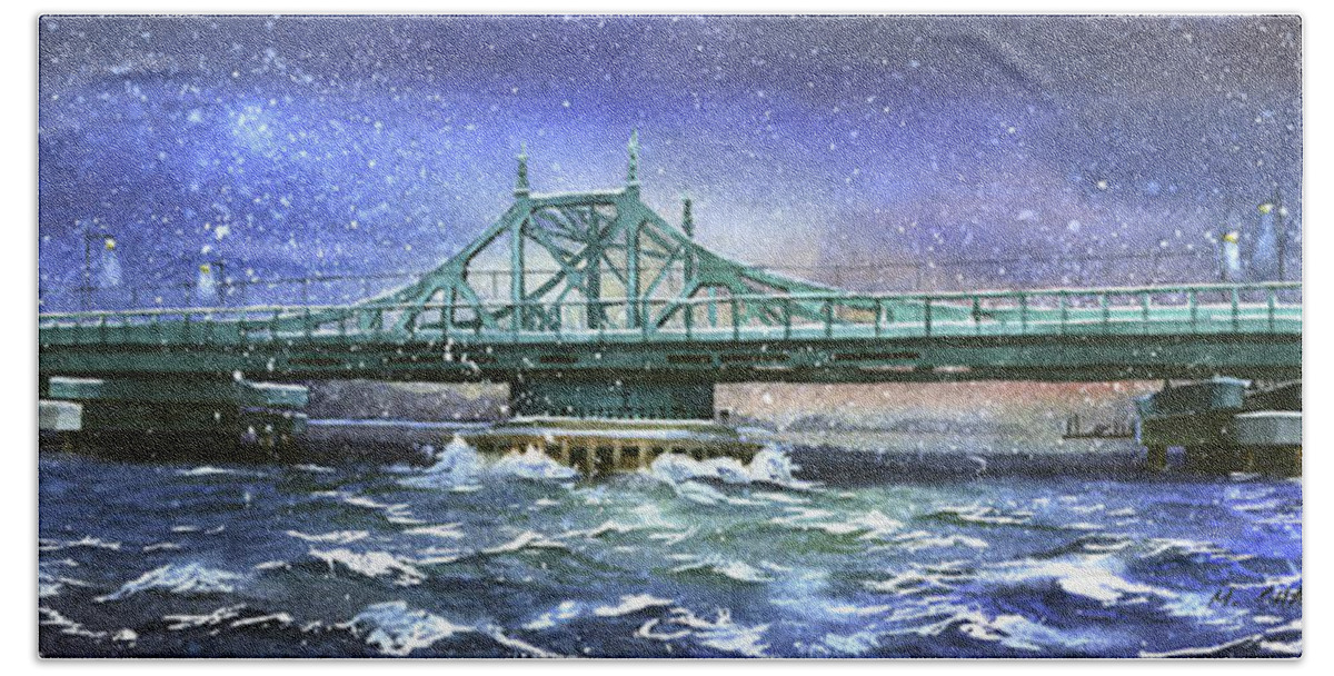 City Island Bath Towel featuring the painting City Island Bridge Winter by Marguerite Chadwick-Juner