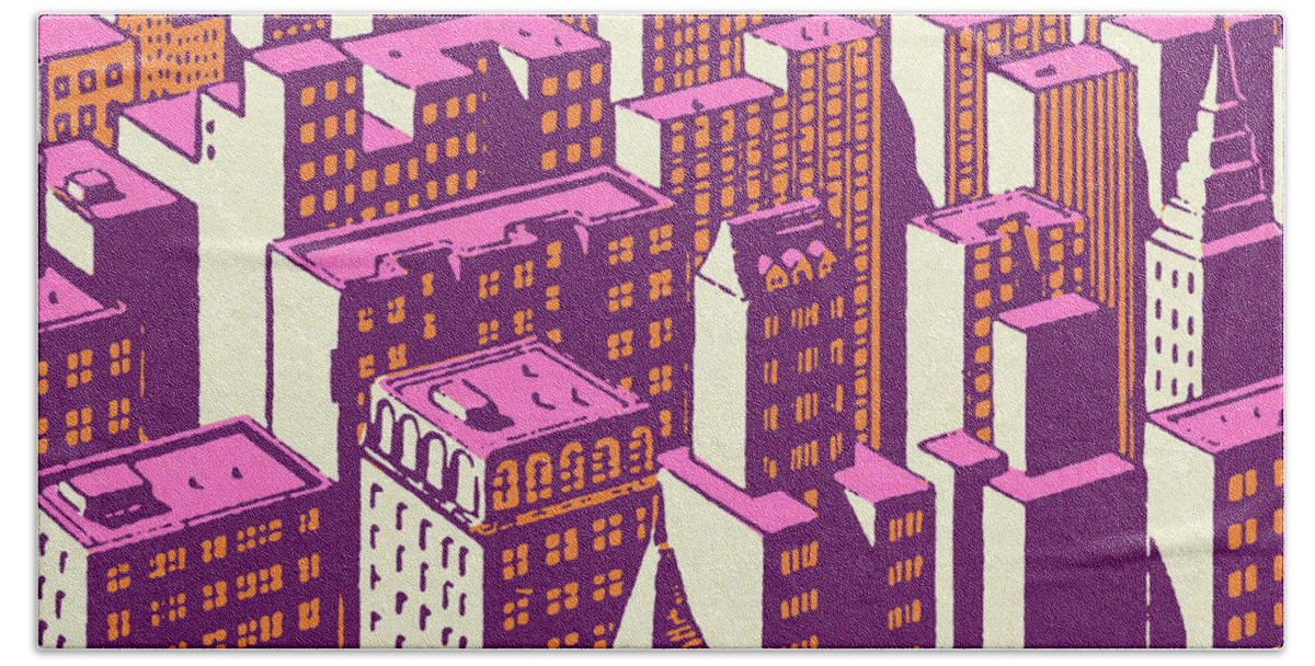 Architecture Hand Towel featuring the drawing City Skyline in Pink by CSA Images