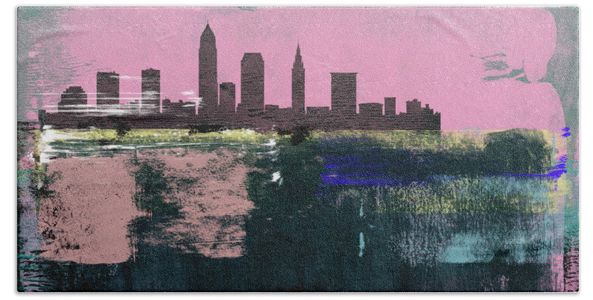 Cleveland Hand Towel featuring the mixed media Cleveland Abstract Skyline I by Naxart Studio