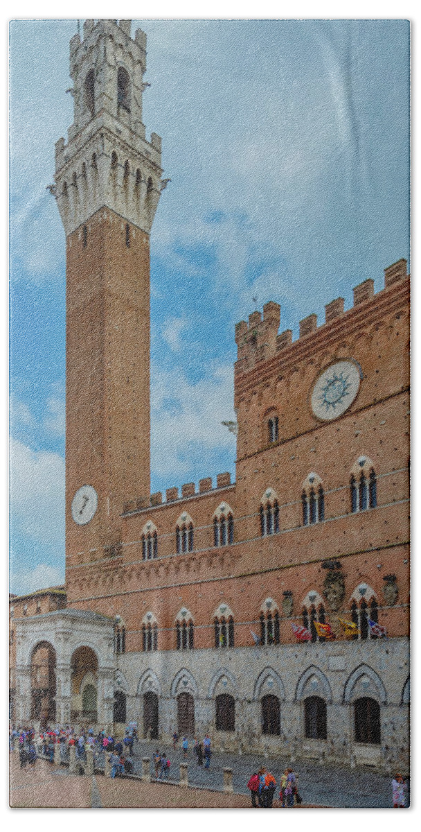 Siena Hand Towel featuring the photograph Clock Tower of Piazza del Campo by Marcy Wielfaert