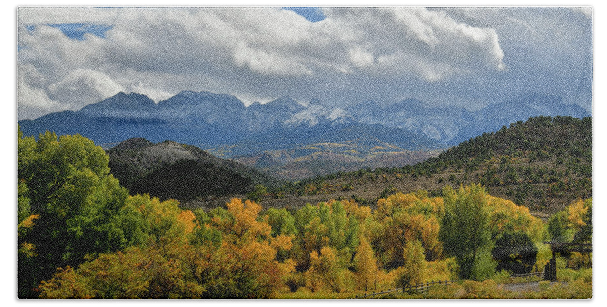 Highway 145 Bath Towel featuring the photograph Clouds Over Mt. Sneffels Seen From Highway 62 by Ray Mathis