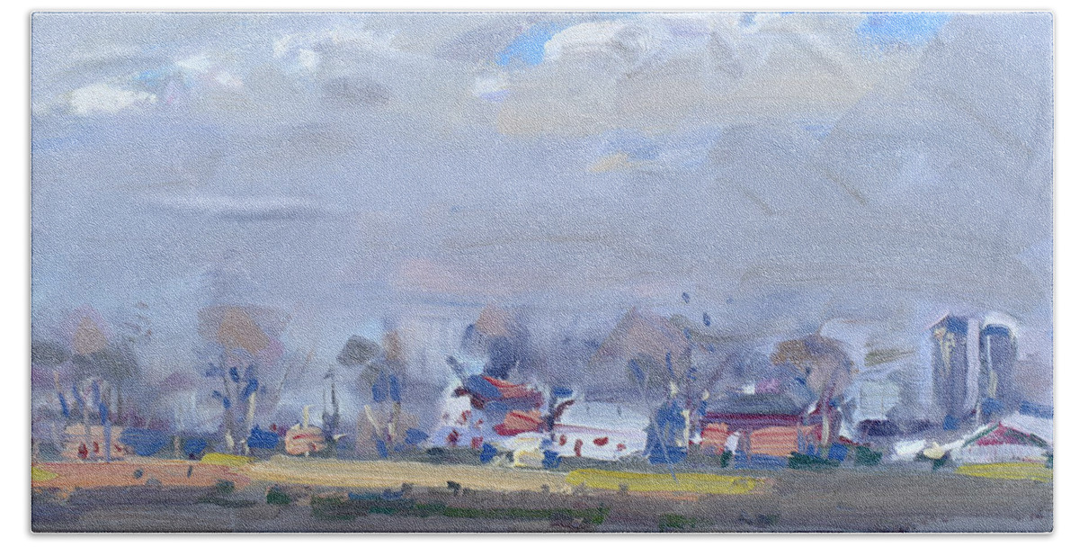 Cloudy Day Hand Towel featuring the painting Cloudy Day at the Farm by Ylli Haruni